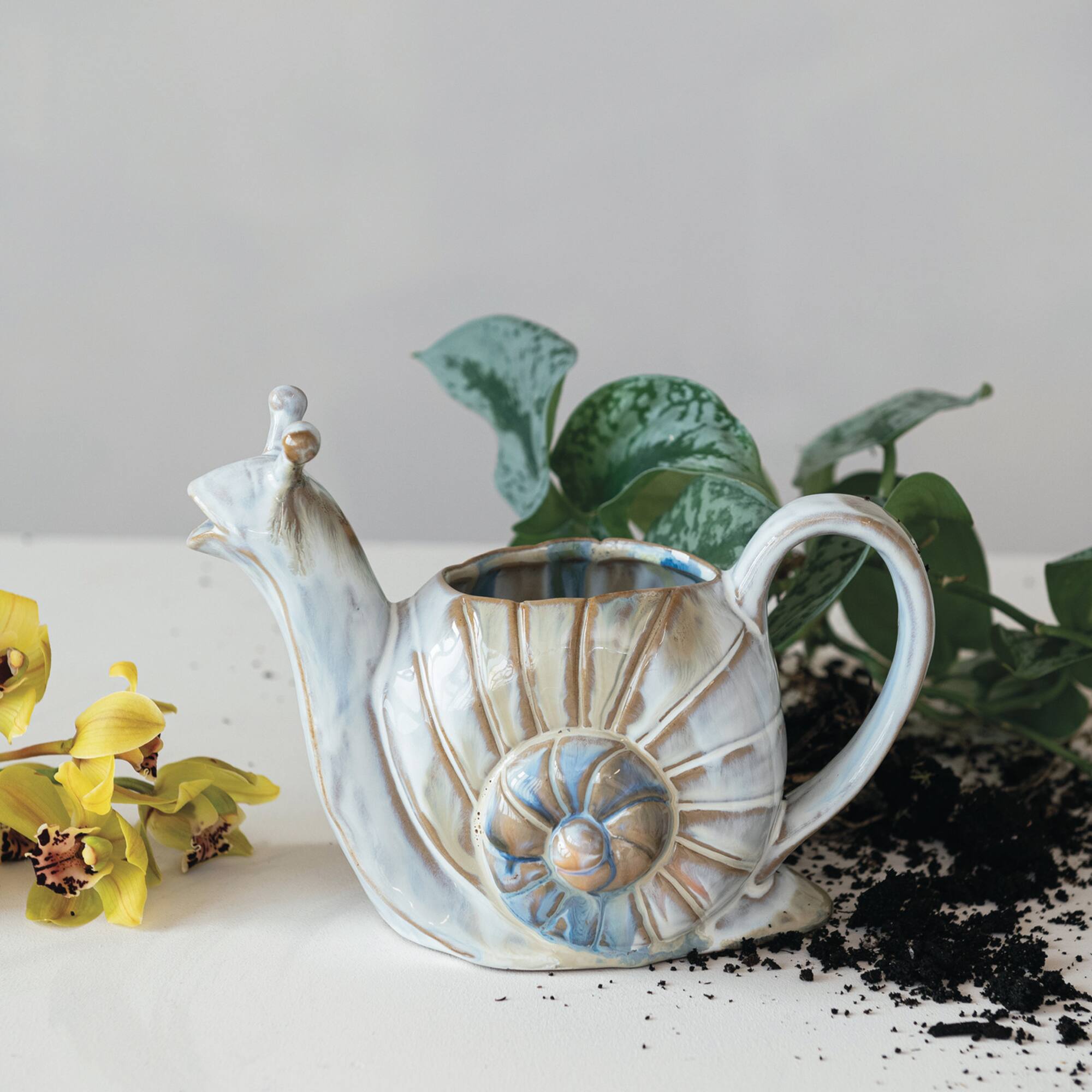 Hello Honey® 26oz. White & Brown Snail Shaped Stoneware Watering Can